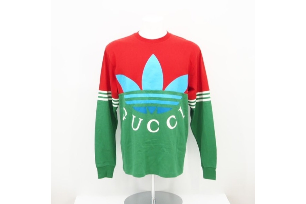 極美品 GUCCI グッチ グッチ×アディダス ロングスリーブTシャツ マルチカラー S S 722947 XJE1I カットソー レッド グリーン コットン メンズ