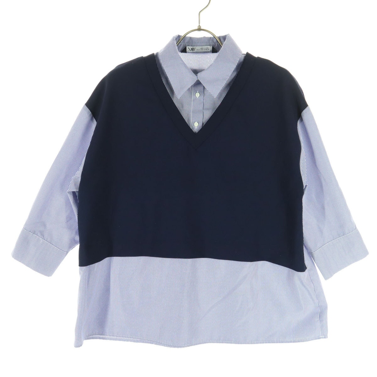 ZARA ザラ 5分袖 フェイクレイヤード シャツ S ネイビー系