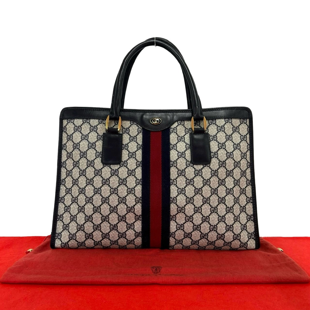GUCCI グッチ シェリーライン GG ロゴ 金具 PVC レザー ハンドバッグ ネイビー
 40336