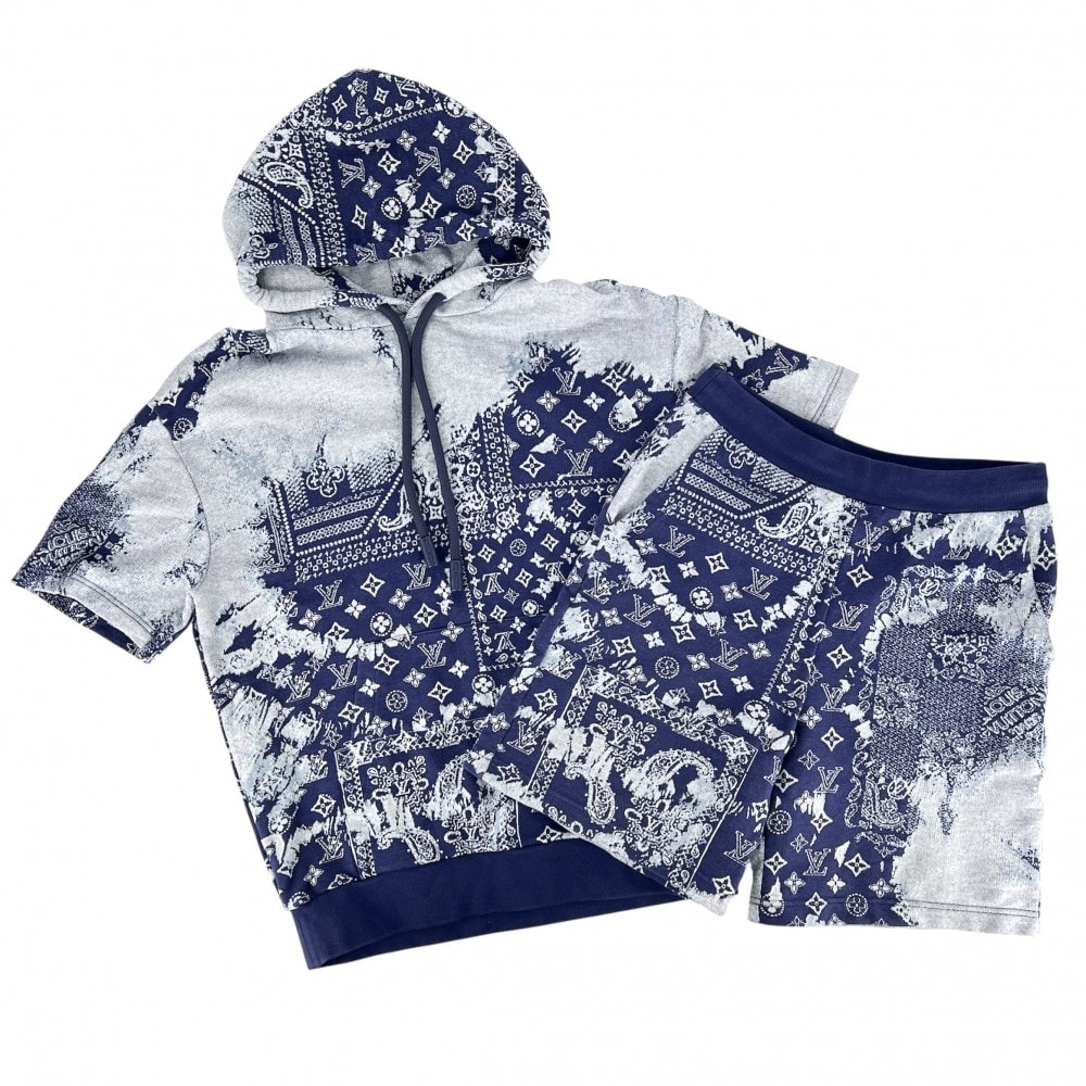 LOUIS VUITTON ルイヴィトン セットアップ モノグラムバンダナ スウェットパーカー ショートスリーブフーディパーカー ハーフパンツ 半ズボン アパレル 服 22SS 半袖 M ブルー 青 ホワイト 白 コットン メンズ【中古品】