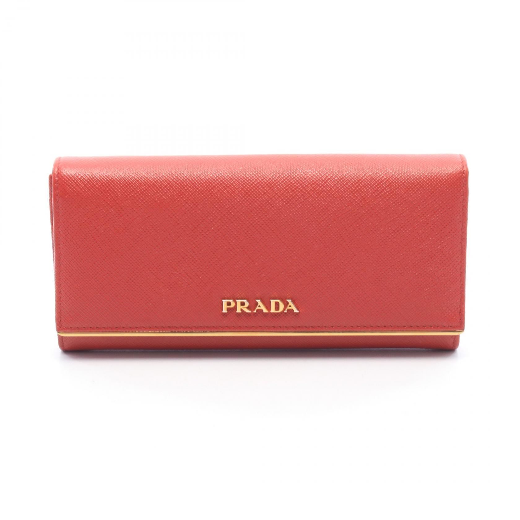 プラダ PRADA 二つ折り長財布 財布 サフィアーノレザー レディース レッド系 【中古】