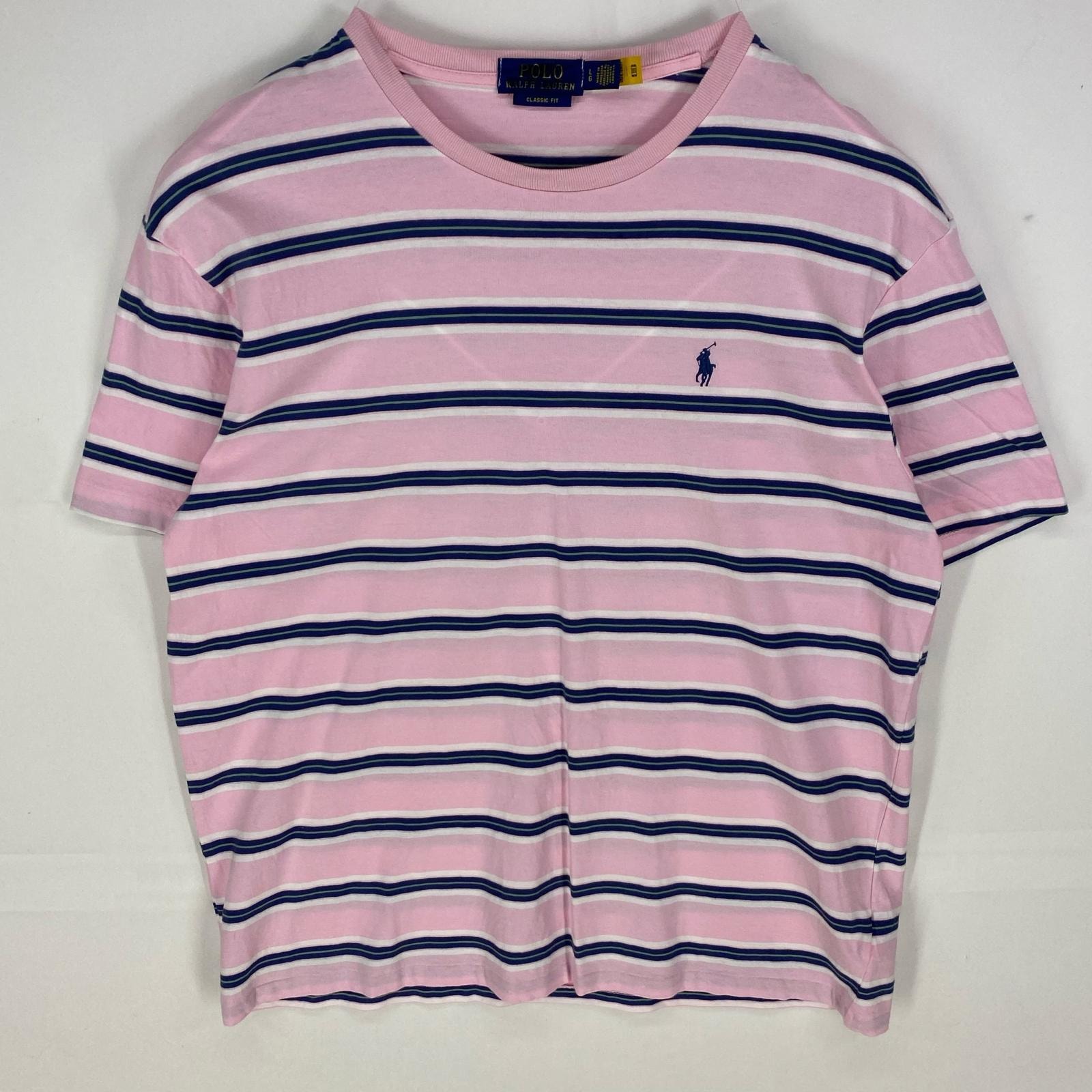 古着 ポロ・ラルフローレン POLO RALPH LAUREN 半袖Tシャツ ワンポイント クルーネック ロゴ刺繍 L ピンク系 ボーダー メンズ