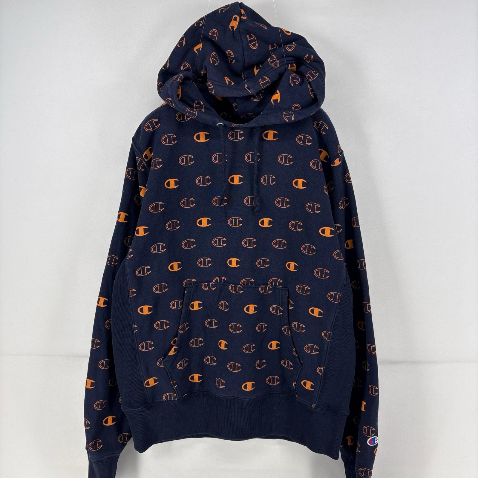 古着 チャンピオン Champion パーカー スウェット 総柄 リバースウィーブ プルオーバー ロゴ M ネイビー メンズ