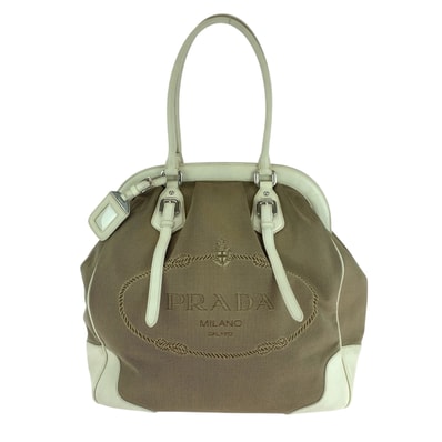 美品 PRADA プラダ ロゴジャガード ブラウン ホワイト ゴールド金具 キャンバス ハンドバッグ トートバッグ ショルダーバッグ 506303 【中古】