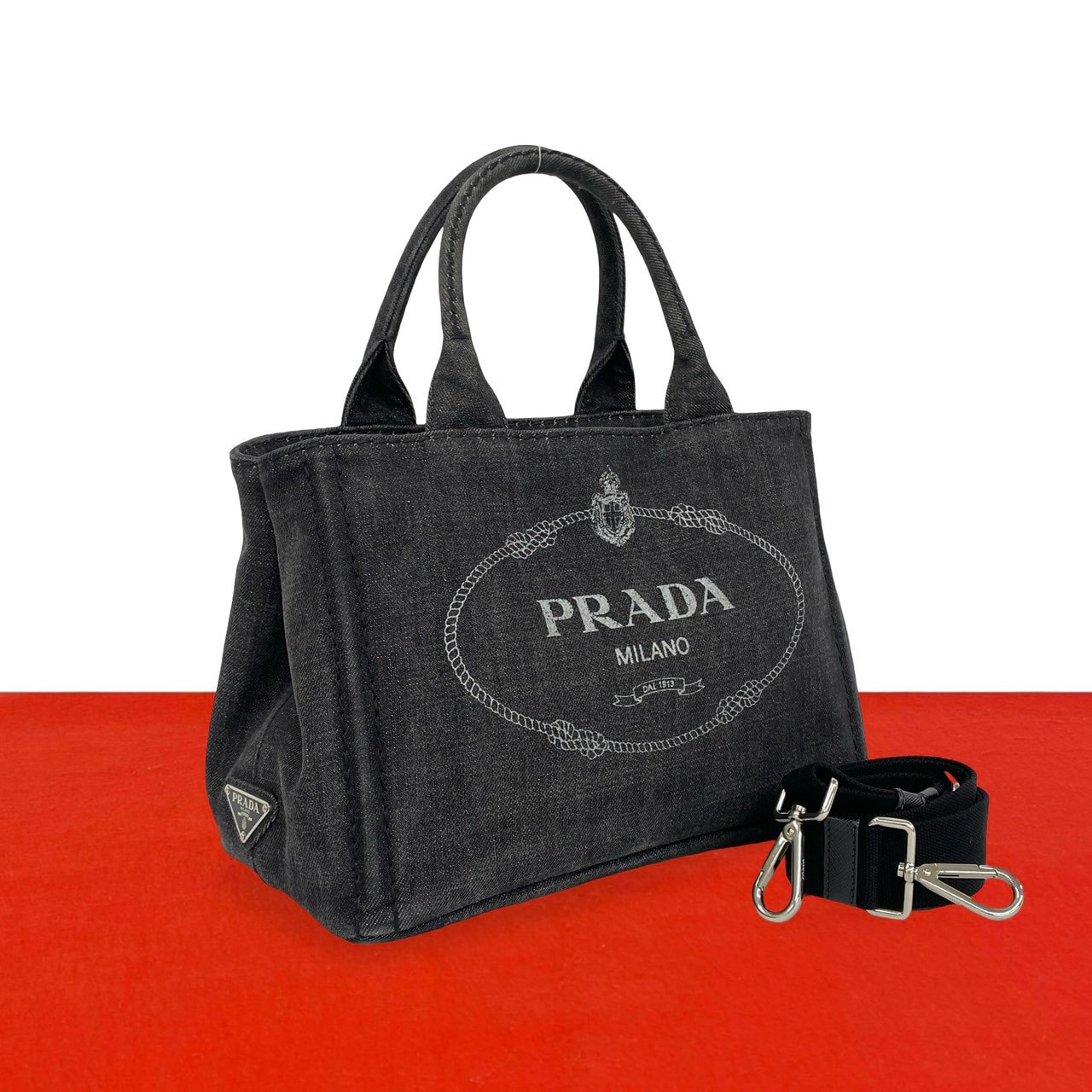 PRADA プラダ カナパ 三角 ロゴ 金具 コットンデニム ショルダーバッグ ブラック
 36385