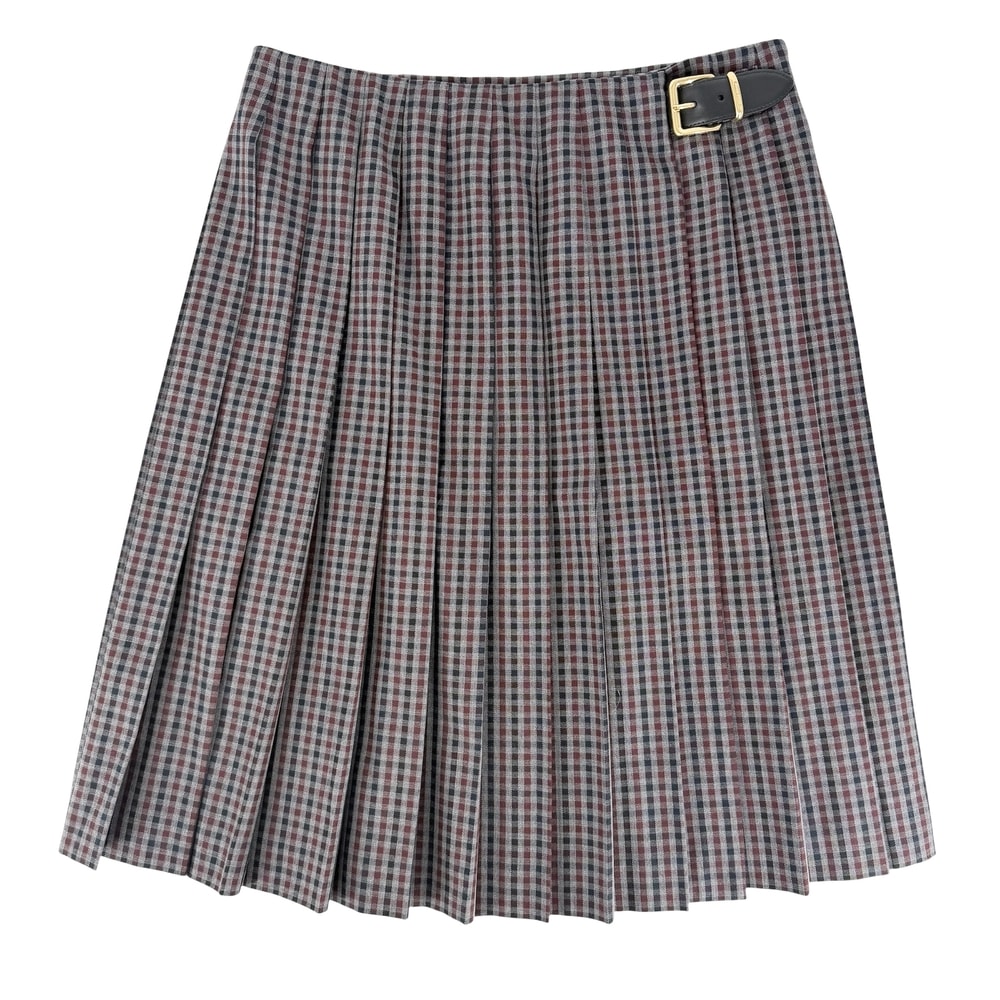 MIUMIU ミュウミュウ スカート ロゴ プリーツ ギンガムチェック ボトムス 服 アパレル 40 ボルドー系 グレー ゴールド金具 ウール  レザー   レディース 秋 冬【中古品】