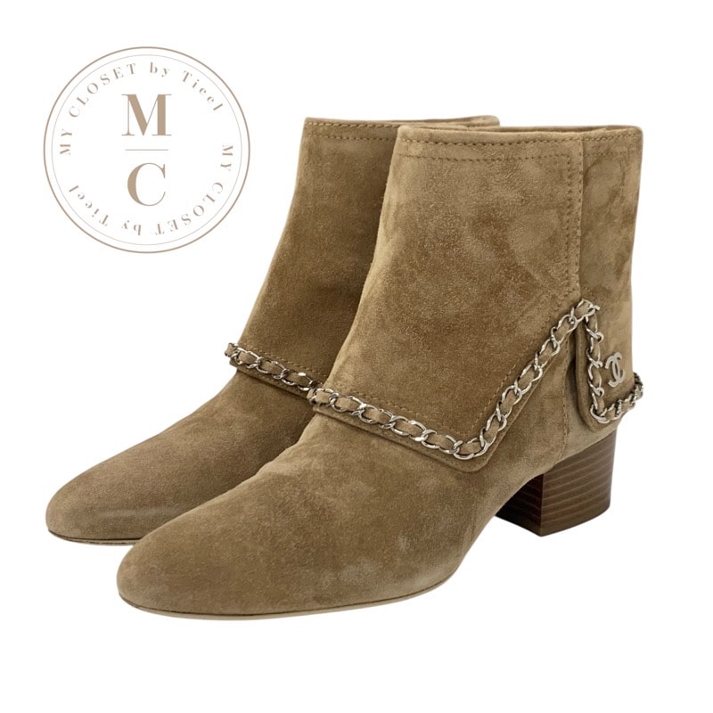 シャネル CHANEL ブーツ ショートブーツ 靴 シューズ スエード ベージュ シルバー ココマーク チェーン