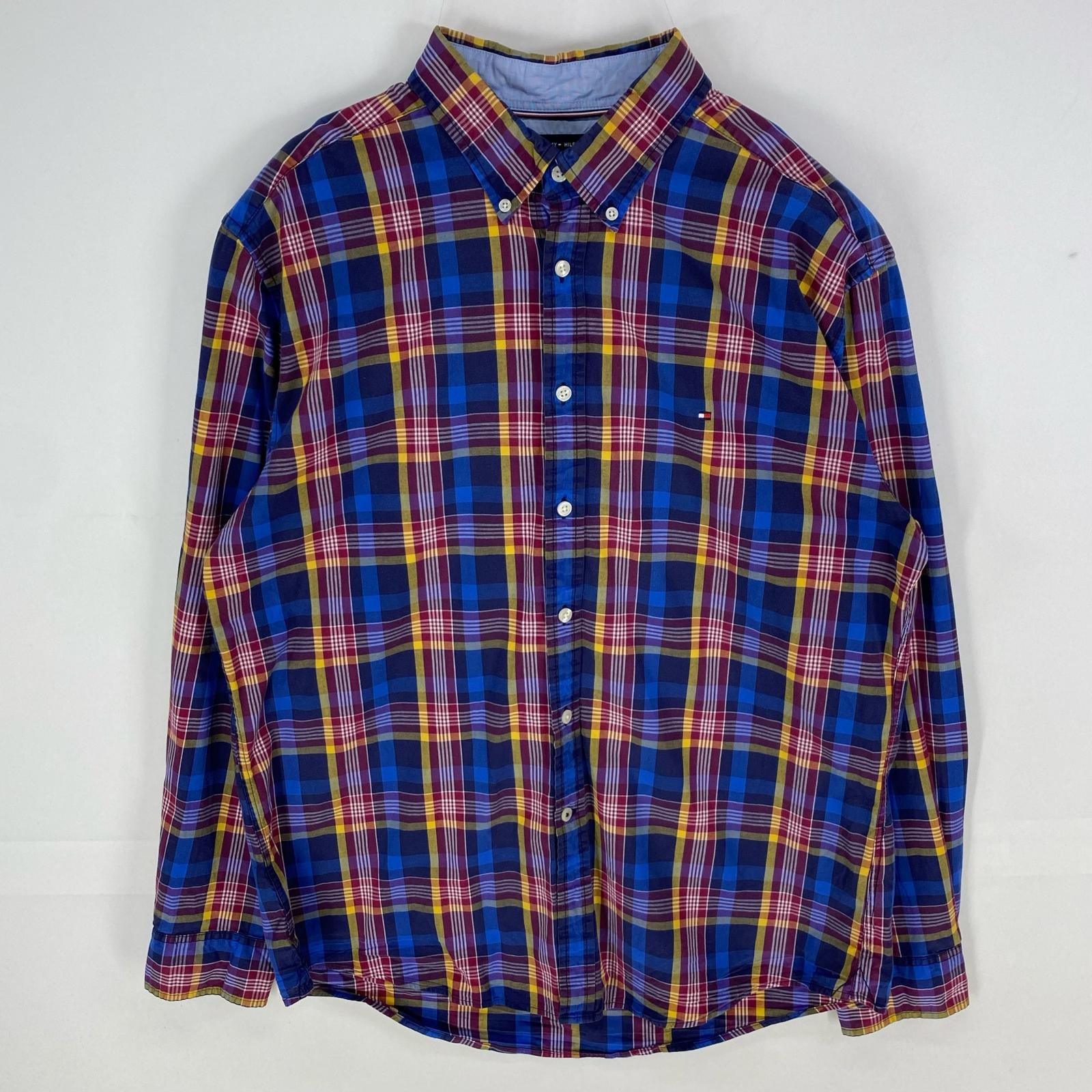 古着 トミーヒルフィガー TOMMY HILFIGER 長袖シャツ ボタンダウン ワンポイント ロゴ刺繍 XL  レッド系 チェック メンズ