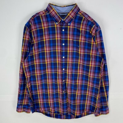 古着 トミーヒルフィガー TOMMY HILFIGER 長袖シャツ ボタンダウン ワンポイント ロゴ刺繍 XL レッド系 チェック メンズ