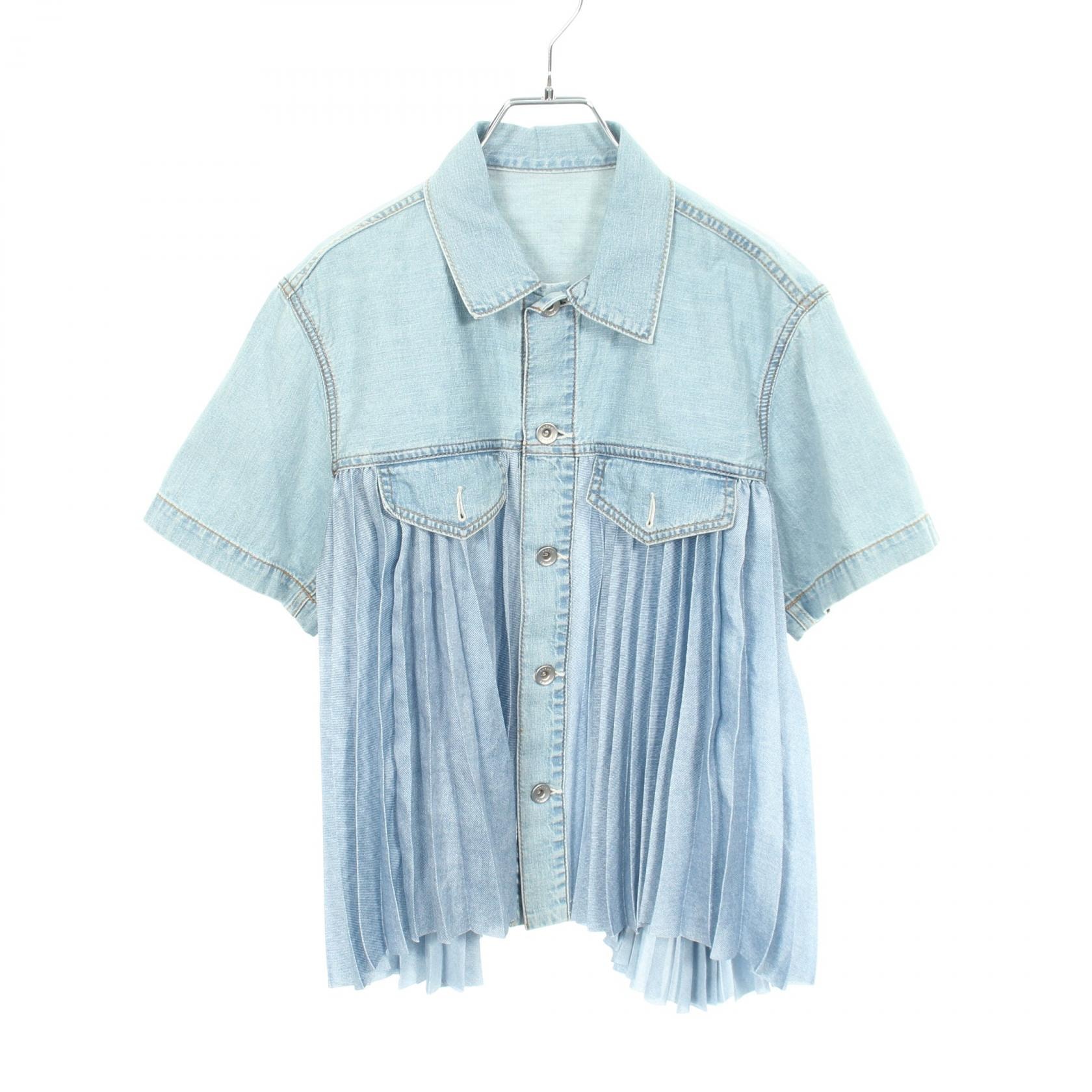 サカイ Sacai 切替 プリーツ 半袖 衣料品 トップス コットン ポリエステル レディース ブルー系 25-07960 【中古】