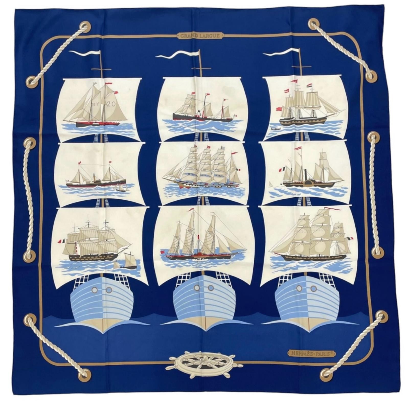HERMES エルメス カレ90 GRAND LARGUE スカーフ シルク ブルー レディース【中古】