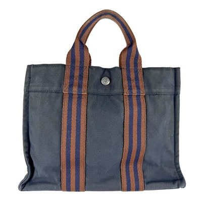 エルメス HERMES ハンドバッグ フールトゥPM キャンバス ネイビー×ブラウン ユニセックス【中古】 z8686