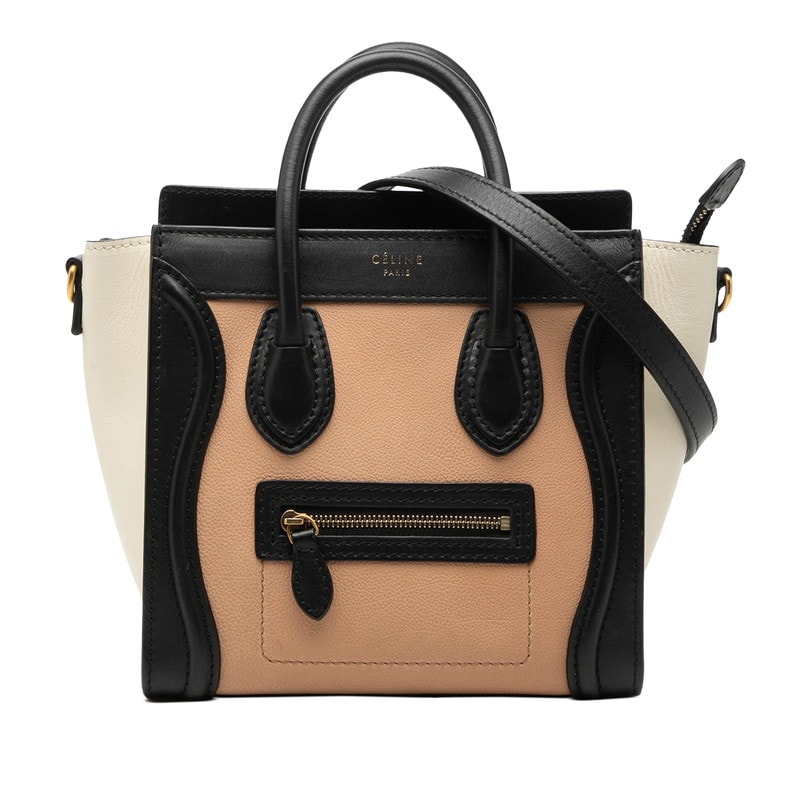 セリーヌ ラゲージ ナノショッパー ハンドバッグ ショルダーバッグ 2WAY ベージュ ブラック ホワイト レザー レディース CELINE 【中古】