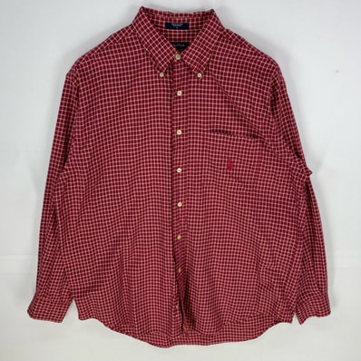 古着 ノーティカ NAUTICA 長袖シャツ ボタンダウン 刺繍ロゴ ワンポイント ロングスリーブ L レッド系 チェック メンズ