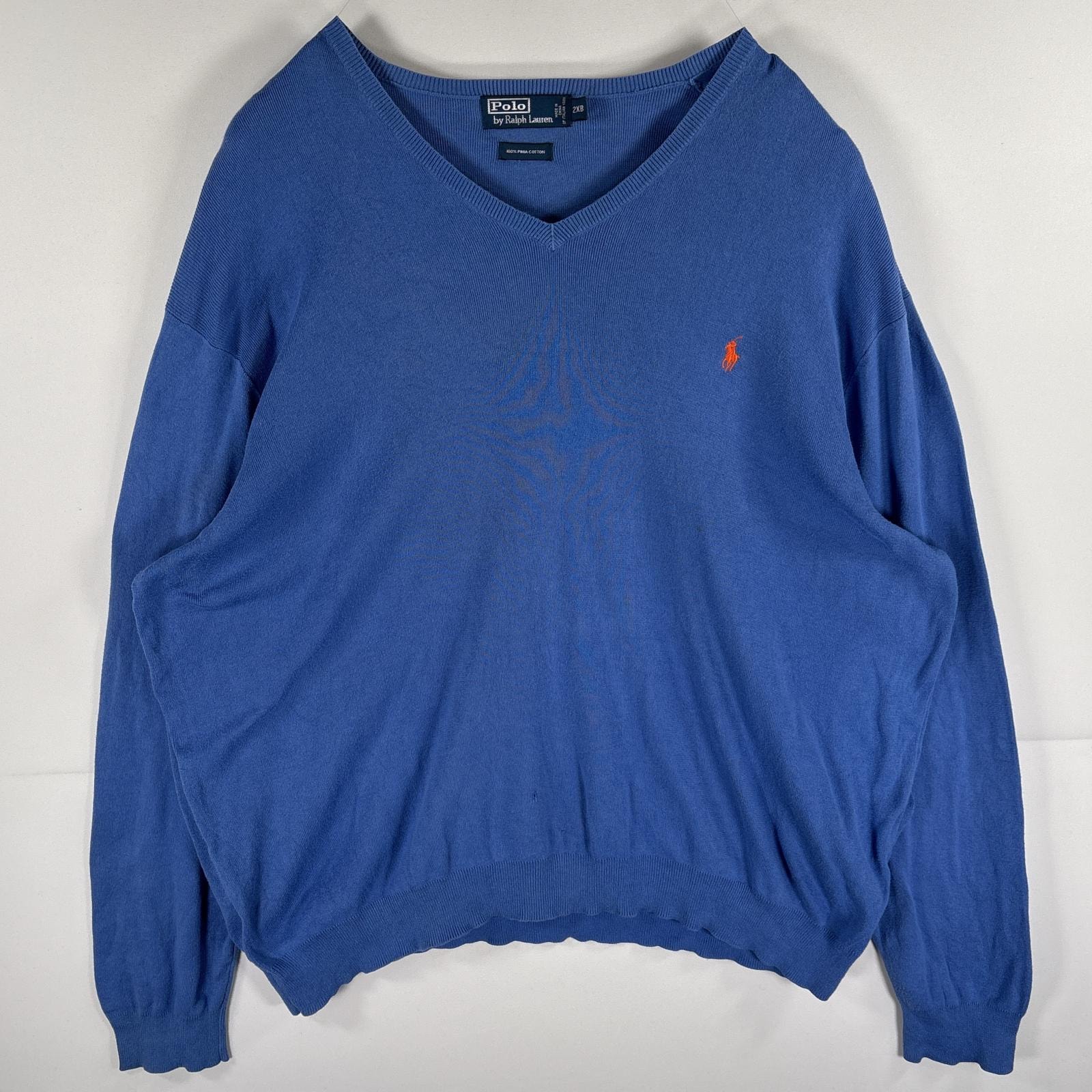 古着 ポロバイラルフローレン Polo by Ralph Lauren コットンニットセーター Vネック ワンポイントロゴ刺繍 大きいサイズ 2XB  水色系 メンズ