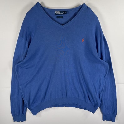古着 ポロバイラルフローレン Polo by Ralph Lauren コットンニットセーター Vネック ワンポイントロゴ刺繍 大きいサイズ 2XB 水色系 メンズ