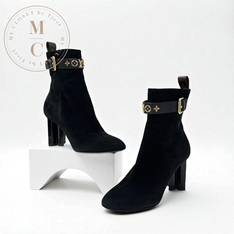 ルイヴィトン LOUIS VUITTON シルエットライン モノグラム ブーツ ショートブーツ 靴 シューズ スエード ブラック 黒 ゴールド アンクルブーツ LVロゴ