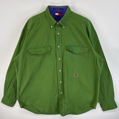 古着 90's/90年代 トミーヒルフィガー TOMMY HILFIGER 長袖シャツ ワンポイント ロゴ 刺繍 厚手 フラップポケ L グリーン系 無地 メンズ