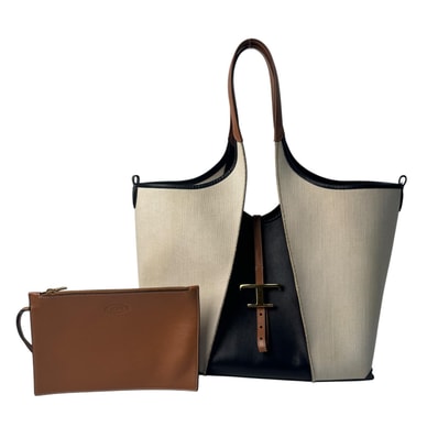 トッズ Tod's Tタイムレス ショッピングバッグ レザー×キャンバス トートバッグ ポーチ付 レディース