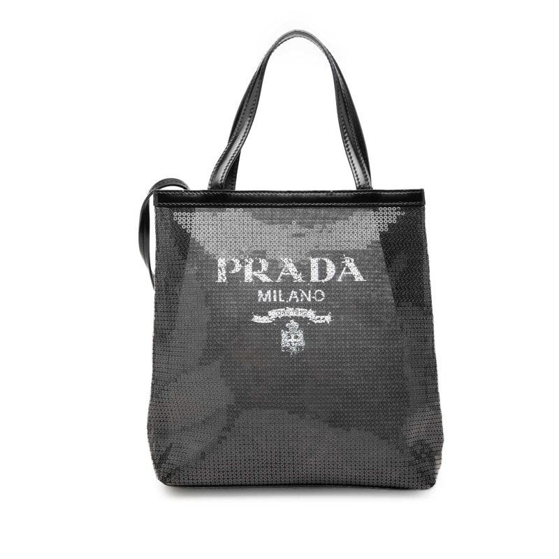プラダ ロゴ トートバッグ ハンドバッグ 1BG417 ブラック スパンコール レザー メッシュ レディース PRADA 中古
