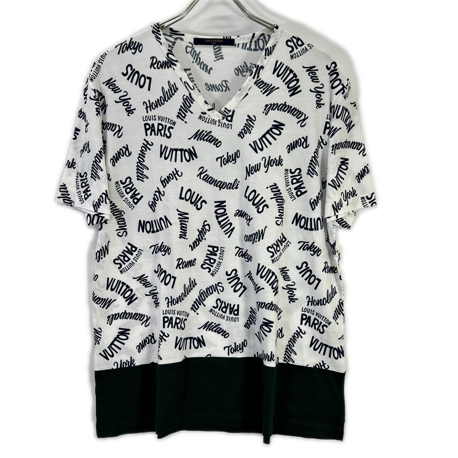 ルイヴィトン 18SS HEY06W ホワイト×グリーン オックスフォードシティロゴVネックTシャツ L