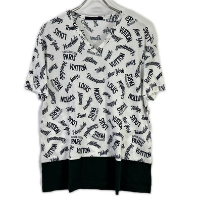 ルイヴィトン 18SS HEY06W ホワイト×グリーン オックスフォードシティロゴVネックTシャツ L