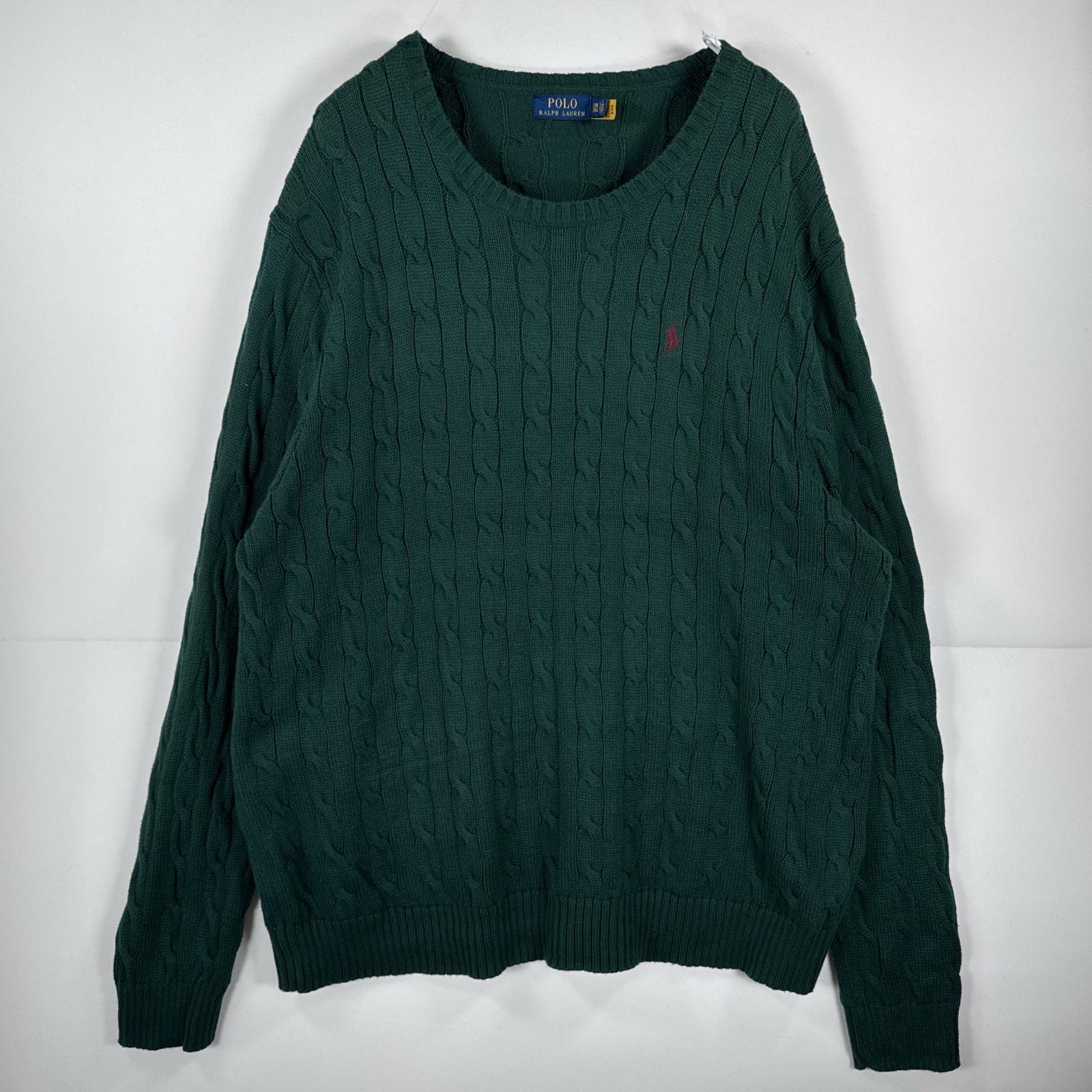 古着 ポロ・ラルフローレン POLO RALPH LAUREN 長袖 ニット ケーブル編み ワンポイント 刺繍 大きいサイズ クルーネック 2XB  グリーン 無地 メンズ