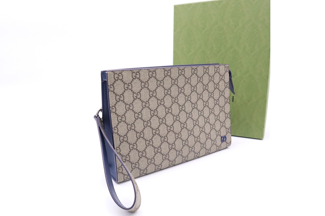 極美品 GUCCI グッチ GGスプリーム バイカラー スモール ポーチ 768255 クラッチバッグ バイカラー ベージュ ブラウン ブルー コーティングキャンバス メンズ