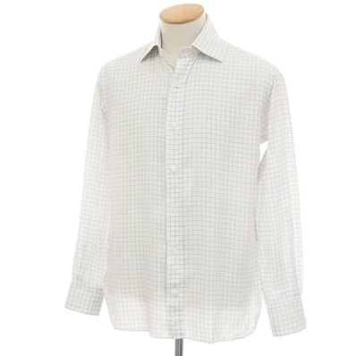 【中古】ビームスエフ BEAMS F コットン チェック セミワイドカラー ドレスシャツ ホワイトxブルー【サイズ38】【メンズ】