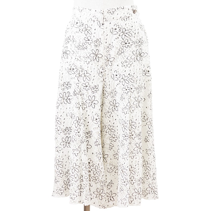 【極美品】CHANEL シャネル パンツ サイズ 38 レディース P53024 カメリア フローラル 花柄 フラワーレース プリーツ ワイドクロップド ボトムス アイボリー イタリア製 カール・ラガーフェルド期