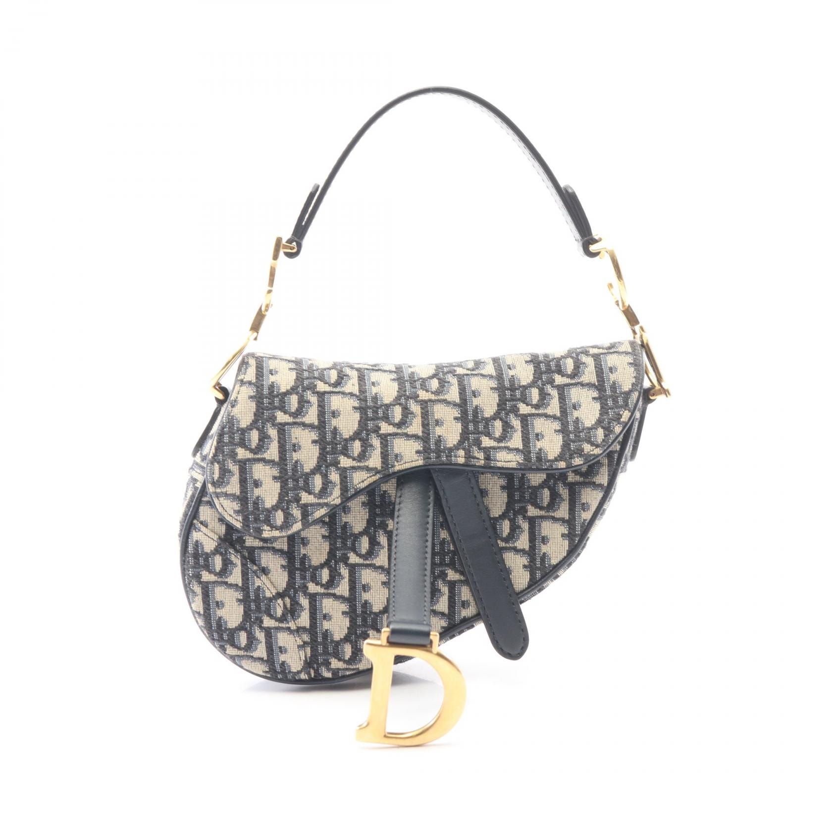 ディオール Dior サドルバッグ ミニ オブリークジャカード ハンドバッグ バッグ キャンバス レザー レディース ベージュ系 / ネイビー系 【中古】