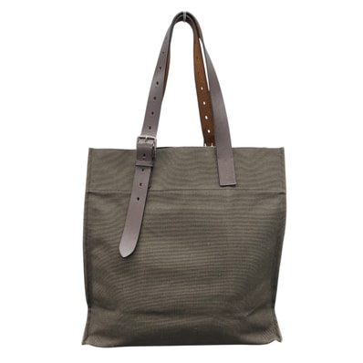 HERMES 美品 エルメス エトリヴィエール ショッピング トートバッグ □O 2011年製造 トワルゴエラン キャンバス レザー カーキグリーン ダークブラウン 持ち手調節可 ハンドバッグ ABランク 中古 鑑定済 エルメスバッグ