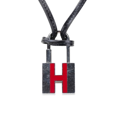 エルメス Hモチーフ カデナ ネックレス シルバー レッド ブラック メタル レザー メンズ HERMES 【中古】