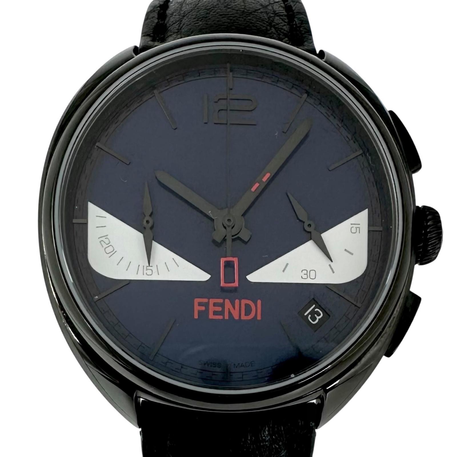 美品 FENDI フェンディ モンスター バグズ 21200G 腕時計 ステンレススチール/レザー ブラック クォーツ ダークネイビー文字盤 メンズ【中古】