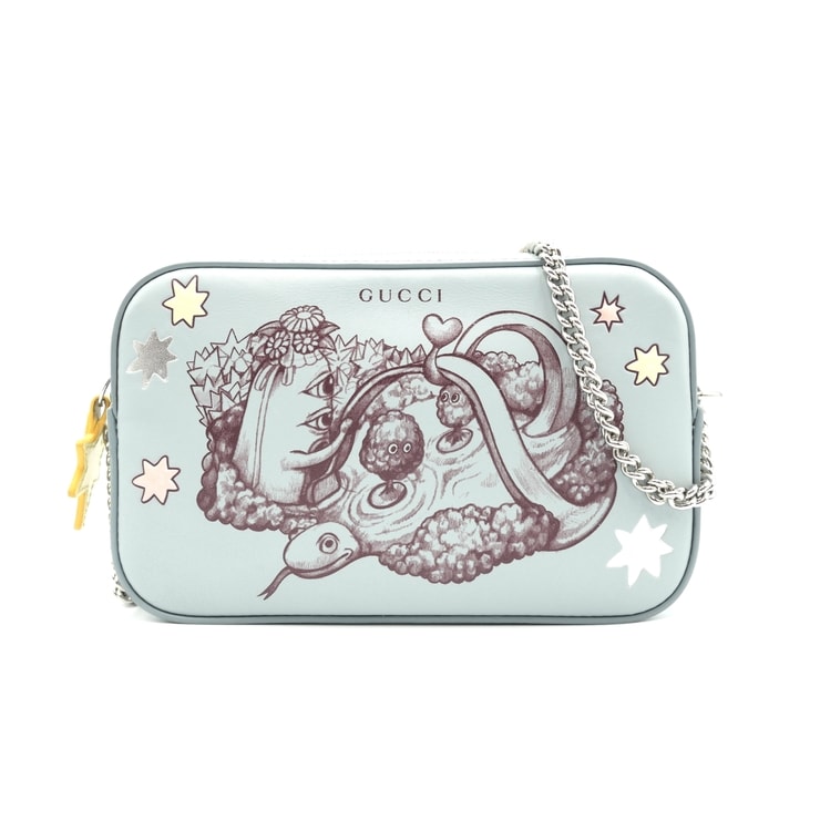 GUCCI(グッチ)×ヒグチユウコ チェーンポーチバッグ ショルダーバッグ アニマルプリント ライトブルー レザー シルバー金具 860648【中古】