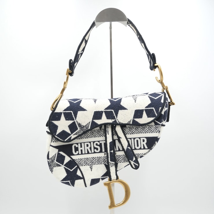 Christian Dior(クリスチャン ディオール)サドルバッグ エンブロイダード キャンバス スター ネイビー ホワイト ゴールド金具 レディース【中古】