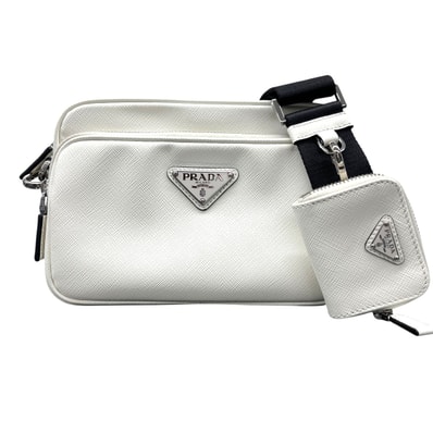 PRADA 希少 極美品 プラダ ブリック サフィアーノレザー バッグ ショルダーバッグ 2VH173 ホワイト クロスボディ ポシェット トライアングルロゴ 三角プレート ロゴプレート Aランク 鑑定済 中古 プラダバッグ【定価396,000円】