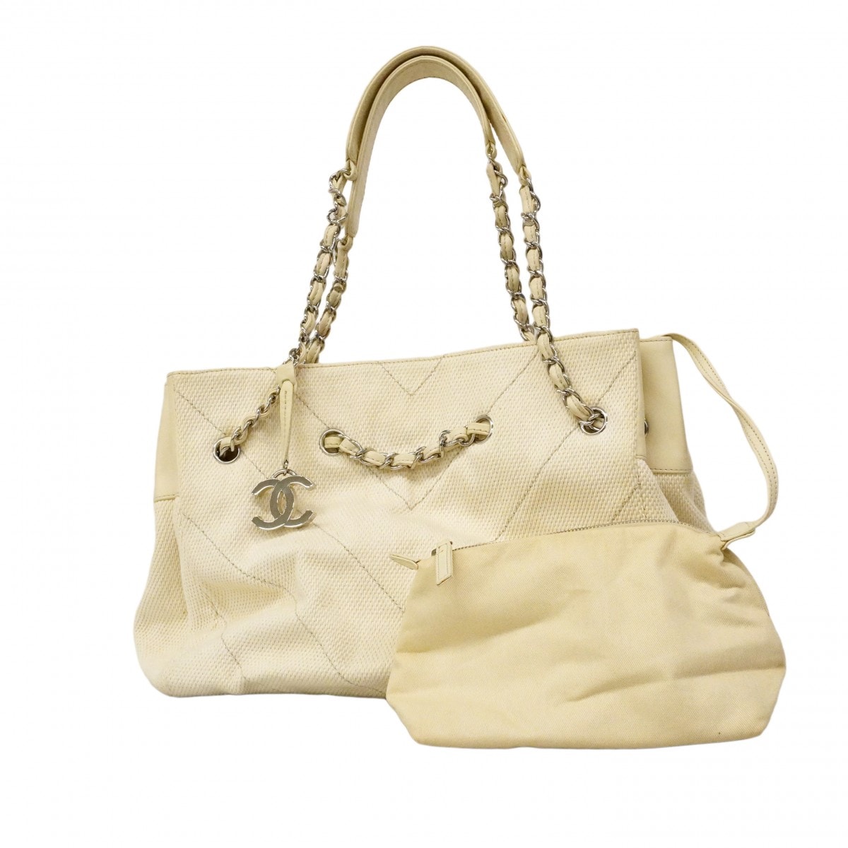 【6cc4159】シャネル チェーントート Vステッチ キャンバス アイボリー シルバー金具【中古】レディース