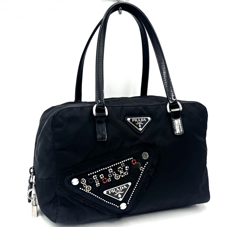 PRADA(プラダ)ロゴ ナイロン ハンドバッグ ミニボストンバッグ ブラック シルバー金具 レディース 南京錠付き 【中古】