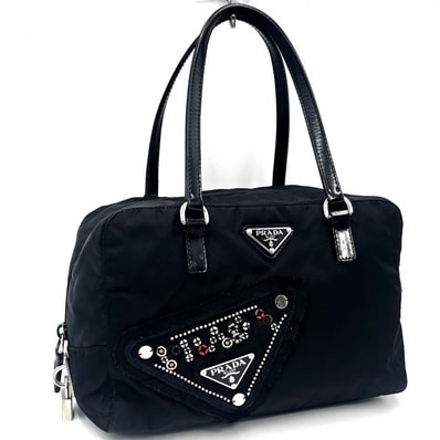 PRADA(プラダ)ロゴ ナイロン ハンドバッグ ミニボストンバッグ ブラック シルバー金具 レディース 南京錠付き 【中古】