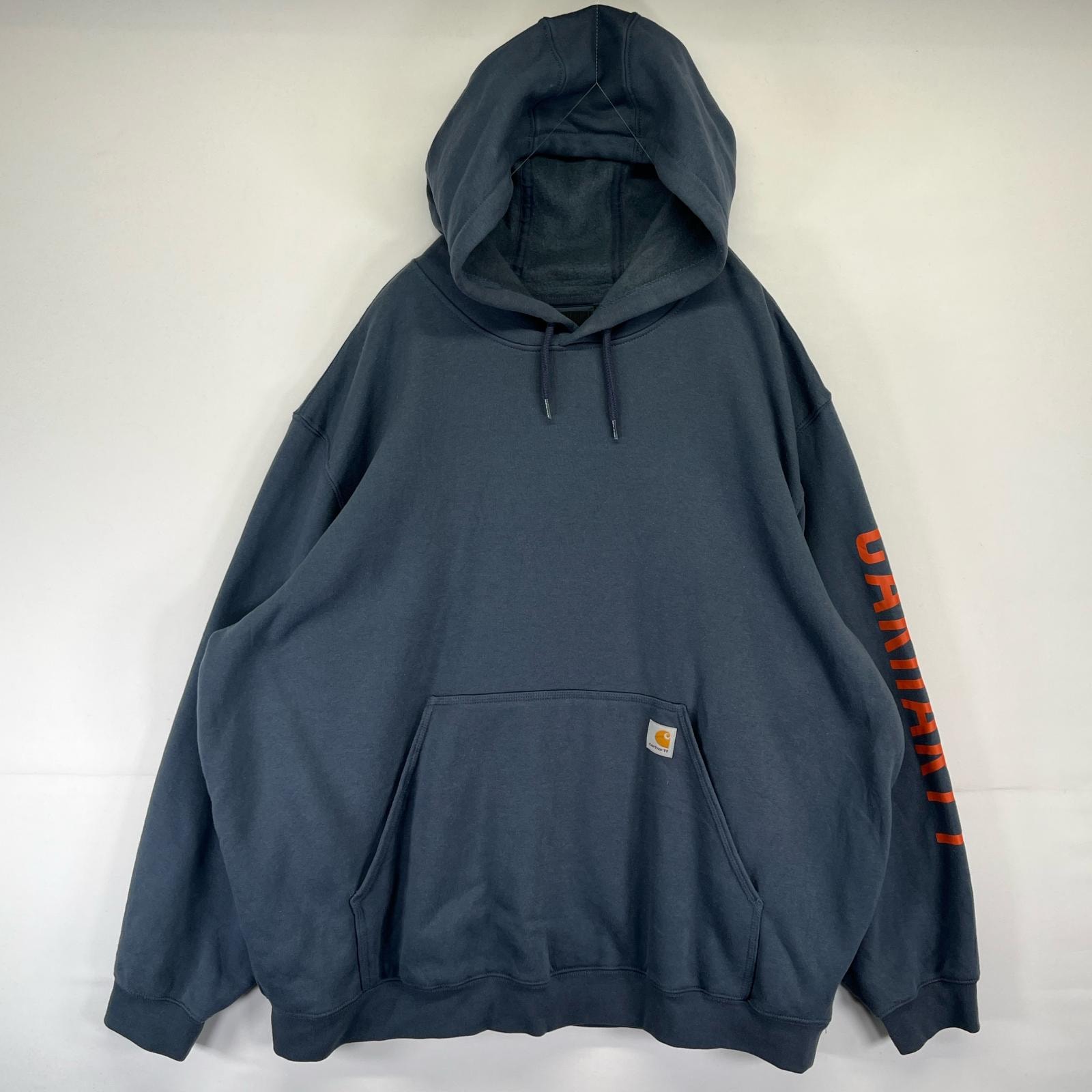 古着 カーハート Carhartt パーカー スウェット プルオーバー 大きいサイズ 袖ロゴプリント ワンポイントロゴ 3XL  グレー系 メンズ