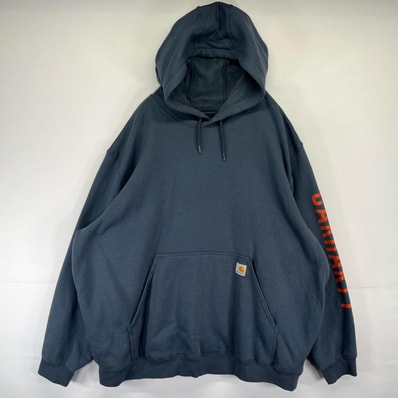 古着 カーハート Carhartt パーカー スウェット プルオーバー 大きいサイズ 袖ロゴプリント ワンポイントロゴ 3XL グレー系 メンズ