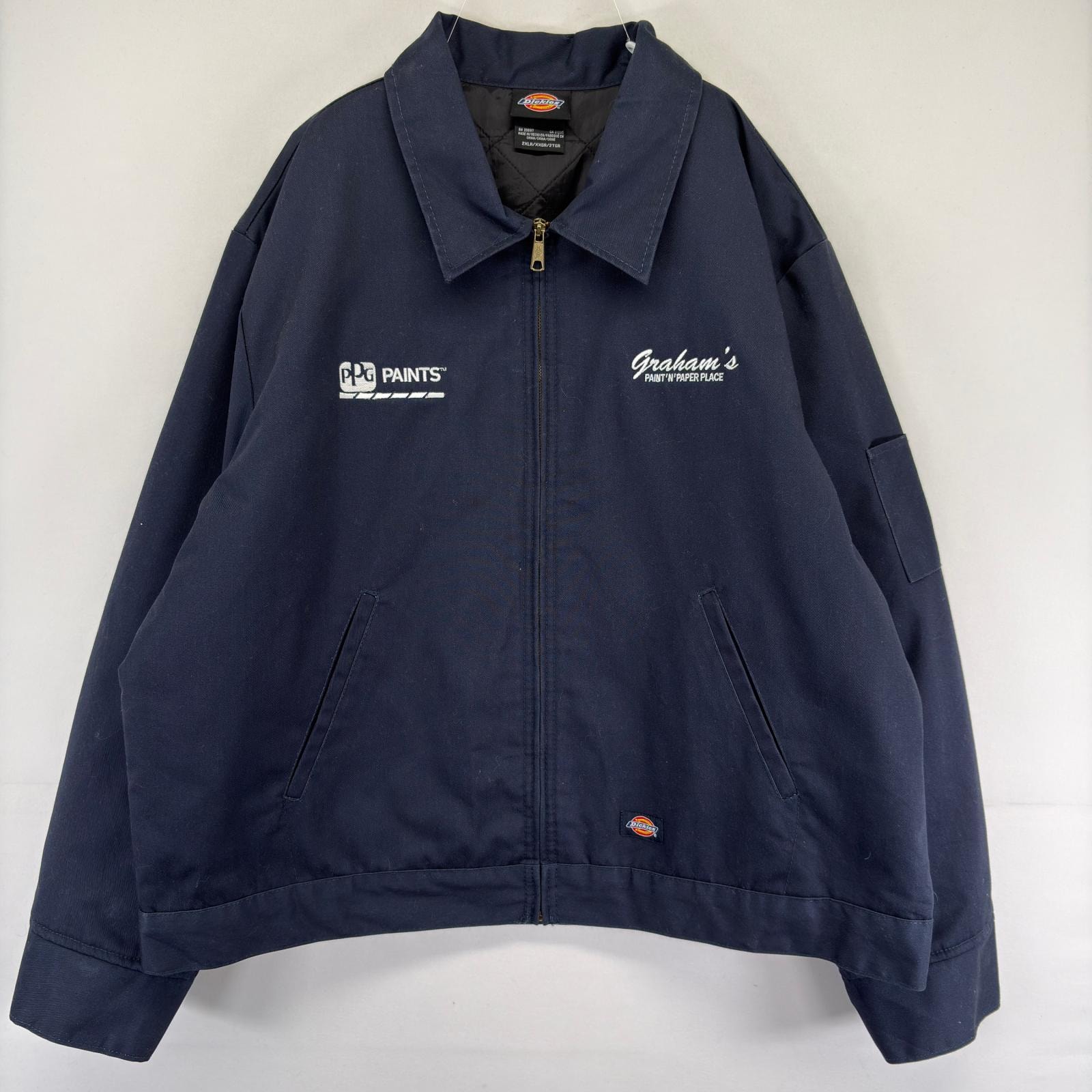古着 ディッキーズ Dickies ジャケット 中綿 フルジップ ワーク 作業着 大きいサイズ ワンポイント 2XLR  ネイビー メンズ