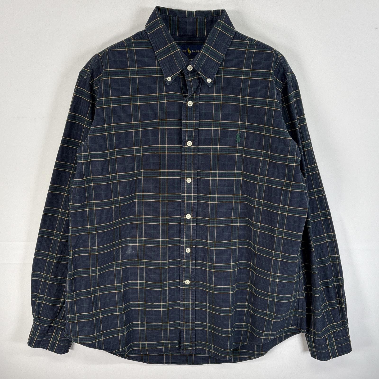 古着 ラルフローレン RALPH LAUREN 長袖シャツ ワンポイント ロゴ 刺繍 ボタンダウンシャツ タータンチェック L  ネイビー系 マルチカラー メンズ