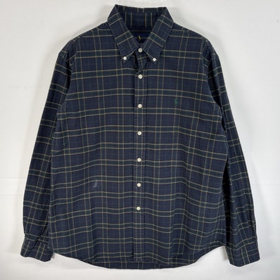 古着 ラルフローレン RALPH LAUREN 長袖シャツ ワンポイント ロゴ 刺繍 ボタンダウンシャツ タータンチェック L ネイビー系 マルチカラー メンズ