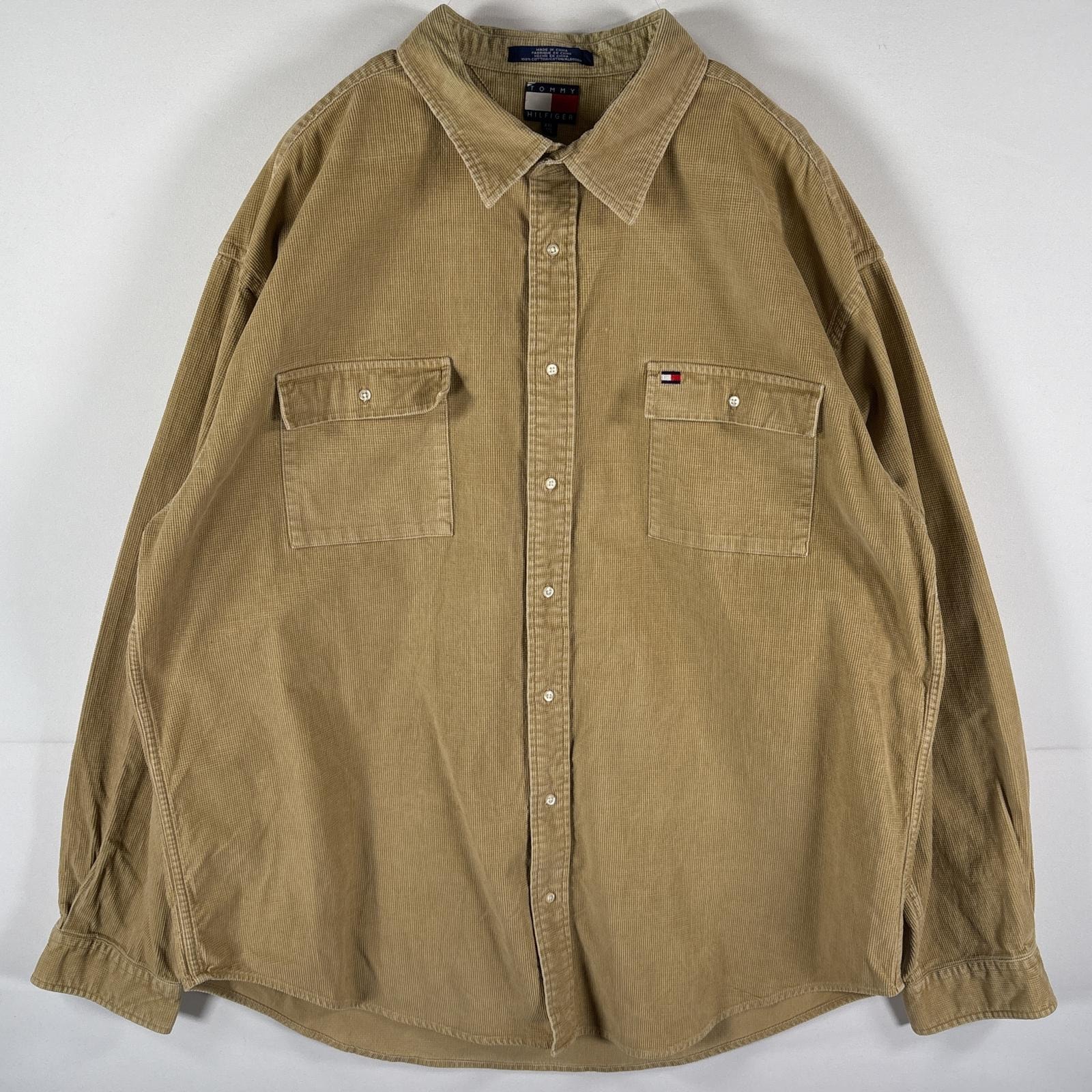 古着 90's/90年代 トミーヒルフィガー TOMMY HILFIGER 長袖シャツ コーデュロイ ワンポイント 胸ポケット 大きいサイズ 14041  ベージュ系 メンズ