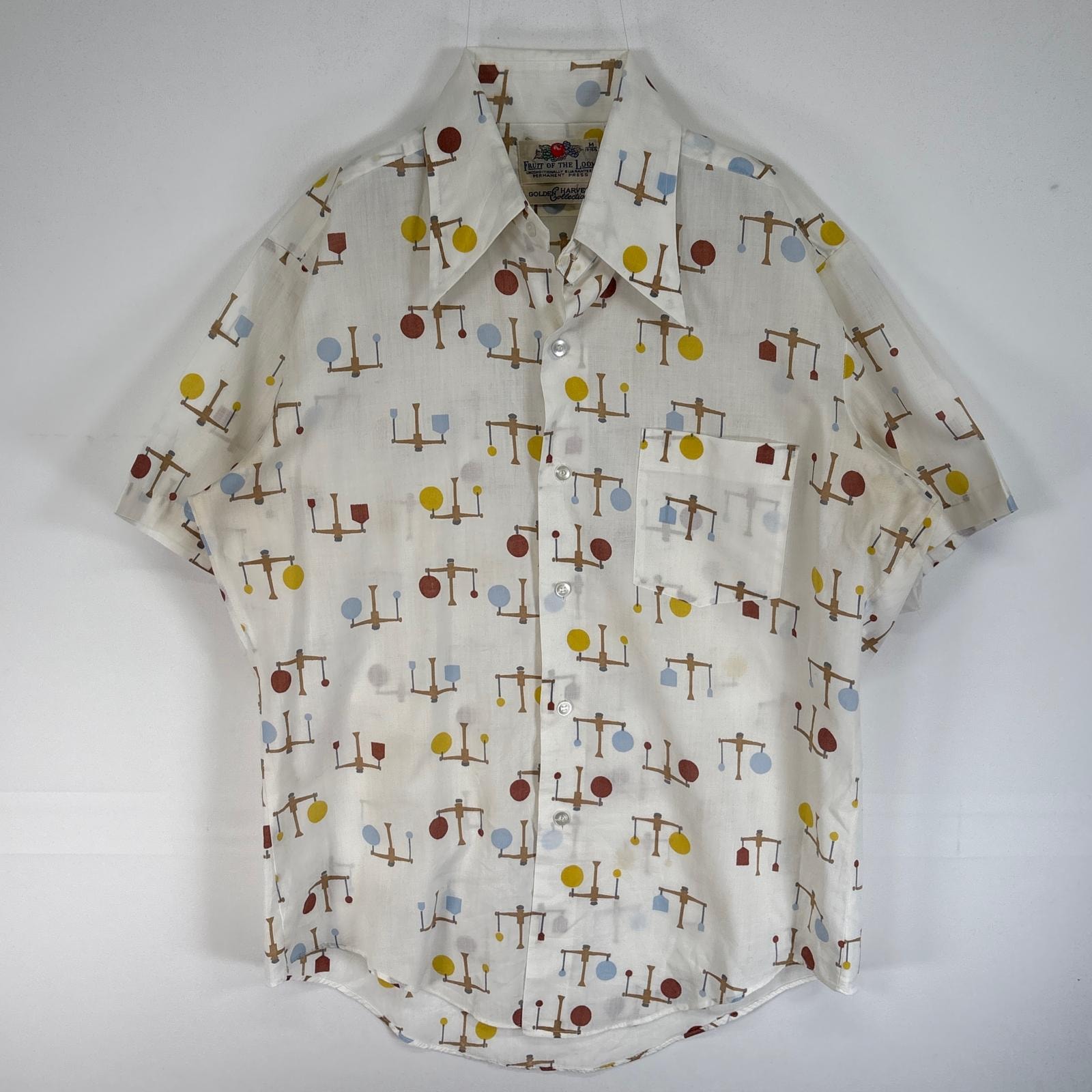 古着 70's/70年代 ヴィンテージ フルーツオブザルーム FRUIT OF THE LOOM 半袖シャツ オープンカラー カラーステイ デカ襟 GOLDEN HARVEST COLLECTION M  ホワイト系 総柄 メンズ