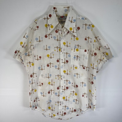 古着 70's/70年代 ヴィンテージ フルーツオブザルーム FRUIT OF THE LOOM 半袖シャツ オープンカラー カラーステイ デカ襟 GOLDEN HARVEST COLLECTION M ホワイト系 総柄 メンズ