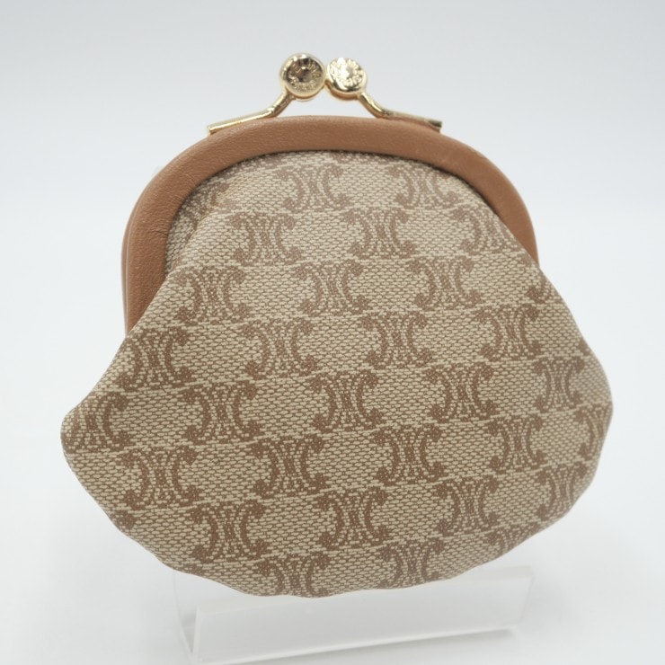 CELINE(セリーヌ)マカダム ヴィンテージ コインケース がま口 小銭入れ ベージュ ブラウン PVC レザー ゴールド金具 レディース M10【中古】