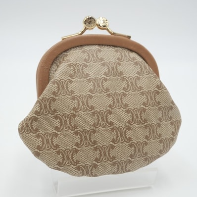 CELINE(セリーヌ)マカダム ヴィンテージ コインケース がま口 小銭入れ ベージュ ブラウン PVC レザー ゴールド金具 レディース M10【中古】